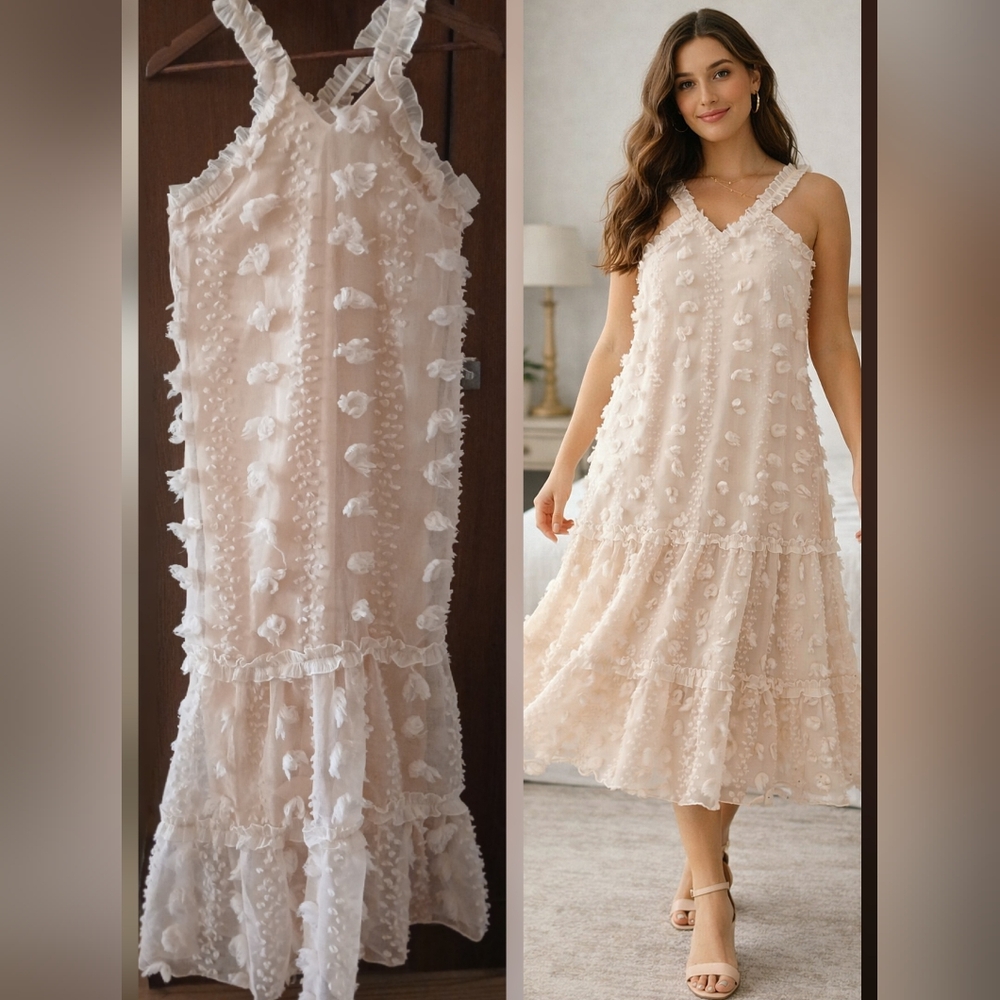 Women's BLUSH 3D Floral TEXTURED Tiered MIDI Prom DRESS Boho Sleeveless Size S